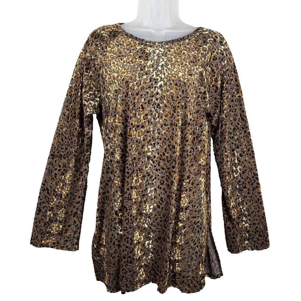 Karen Kane Leopard Burnout Velvet Top Women's L Long Sleeve Semi-Sheer Mob Wife